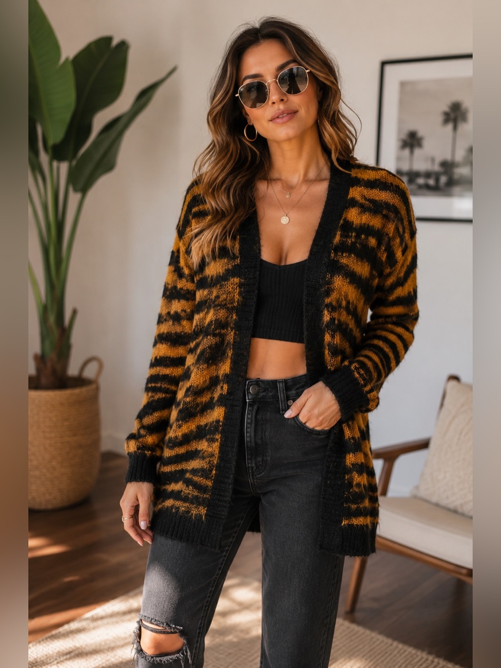 Witty Fox Tiger Animal Print Fuzzy Open Front Cardigan Sweater Black Brown